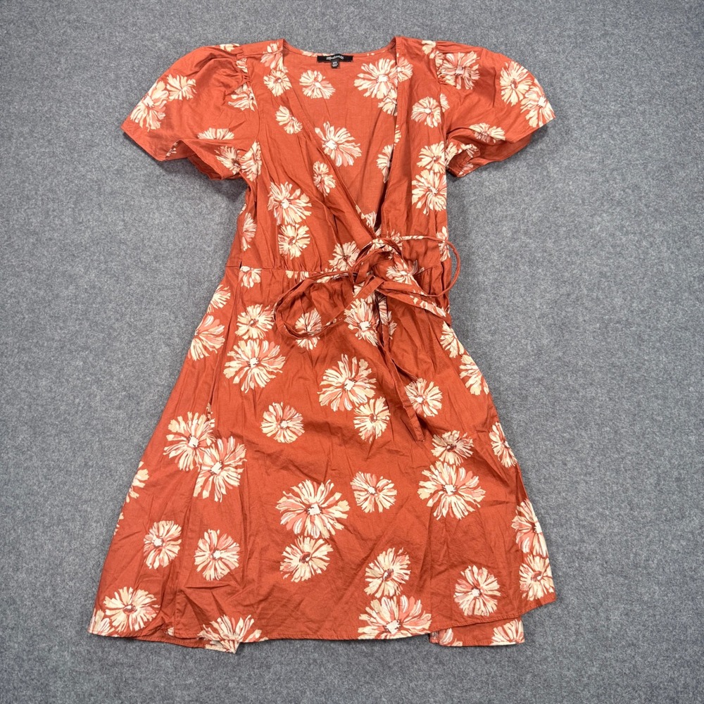 Madewell Rust Orange Daisy Floral Wrap Mini Dress XXS Short Puff Sleeve Cotton